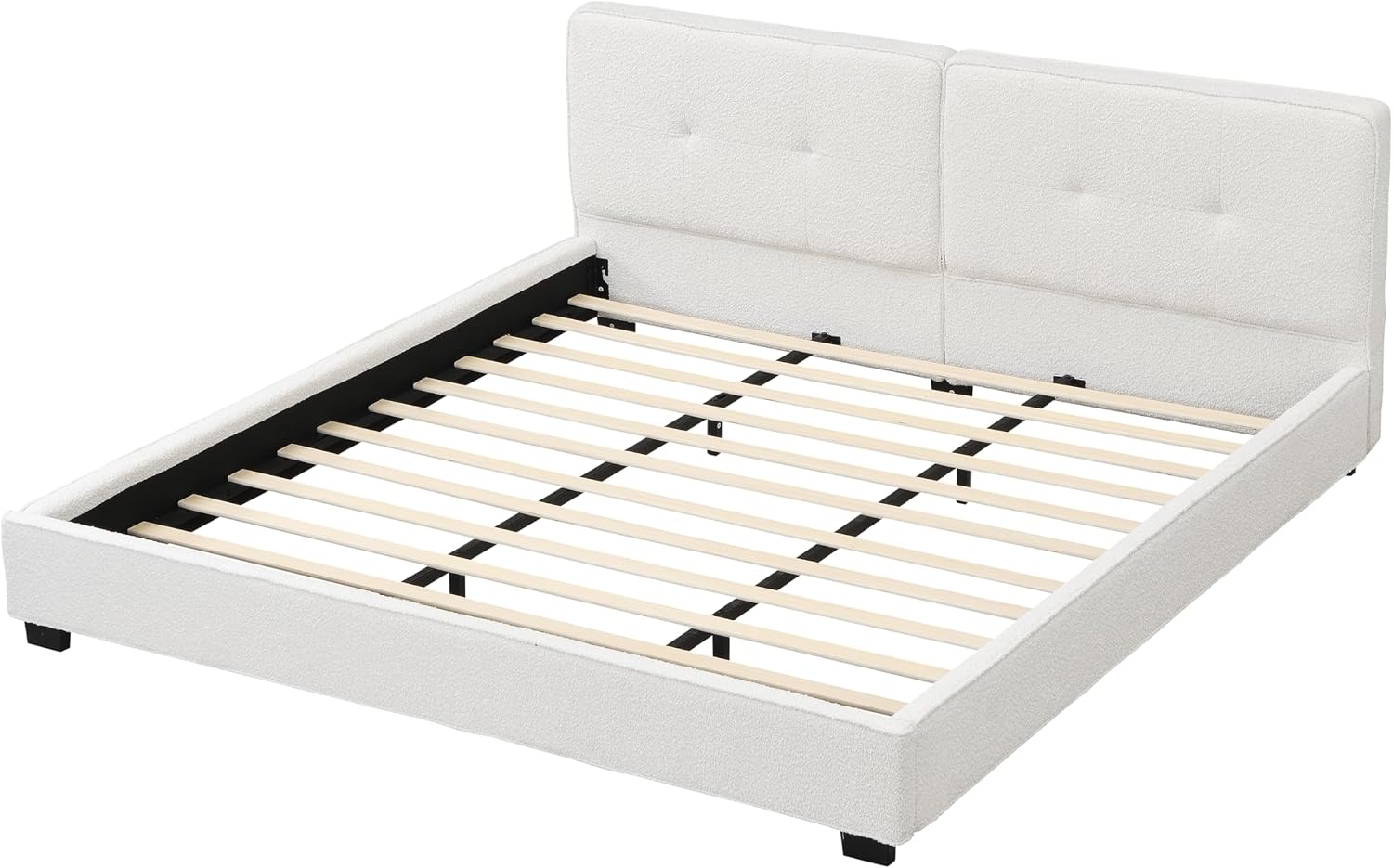 JIVOIT King Size Platform Bed, Boucle Upholstered Platform Bed with Curved Tufted Headboard, Soft Square Corners, Wood Slats Support, No Box Spring Needed