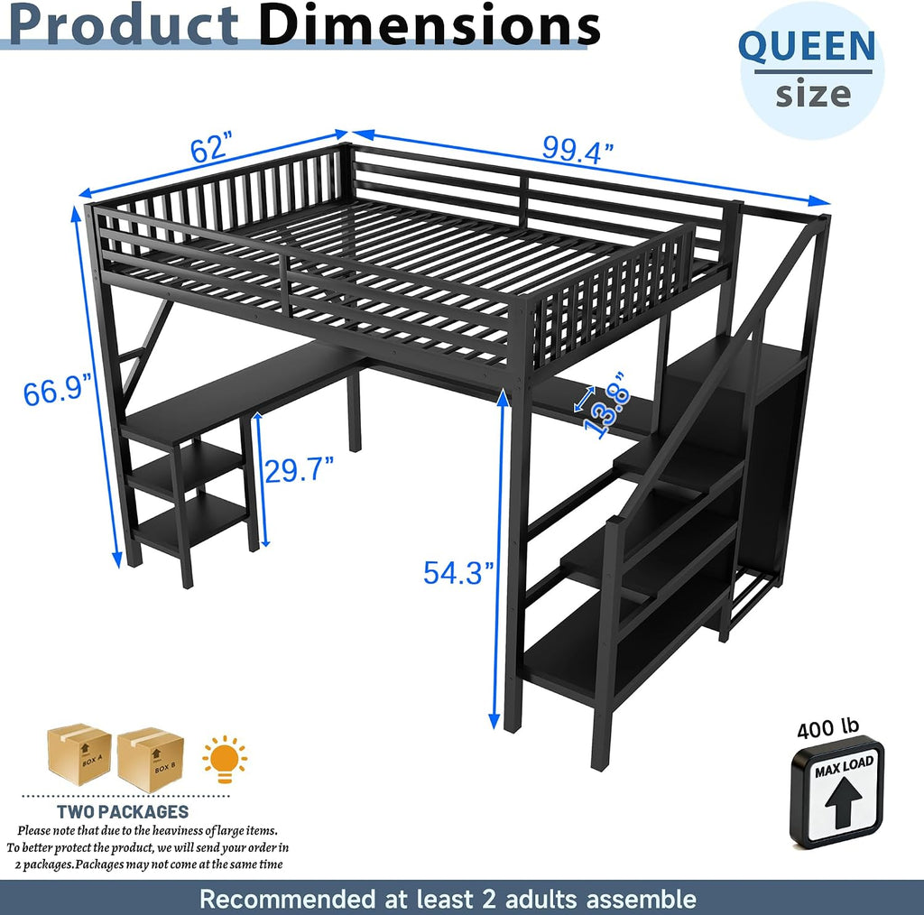 Queen Size Loft Bed with Stairs and Desk, Gaming Loft Beds with RGB LED Light and Storage Shelf, Heavy-duty Metal Loft Bed Frame with Wardrobe, Charging Station for Adults Kids Teens, Black
