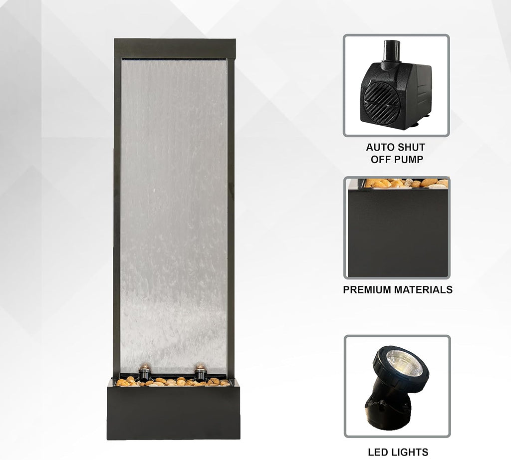 XBrand 68' H Freestanding Modern Waterfall Fountain, Aluminum & Clear Glass, LED Lights, Decorative Rocks, Auto Shut-Off Pump, Indoor/Outdoor, Black