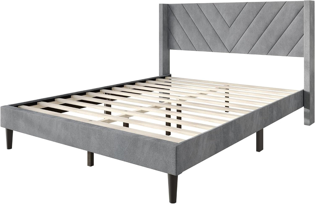 Queen Platform Bed Frame with Chevron-Stitched Wingback Headboard, Velvet Upholstery, No Box Spring Needed, Easy Assembly, Light Grey