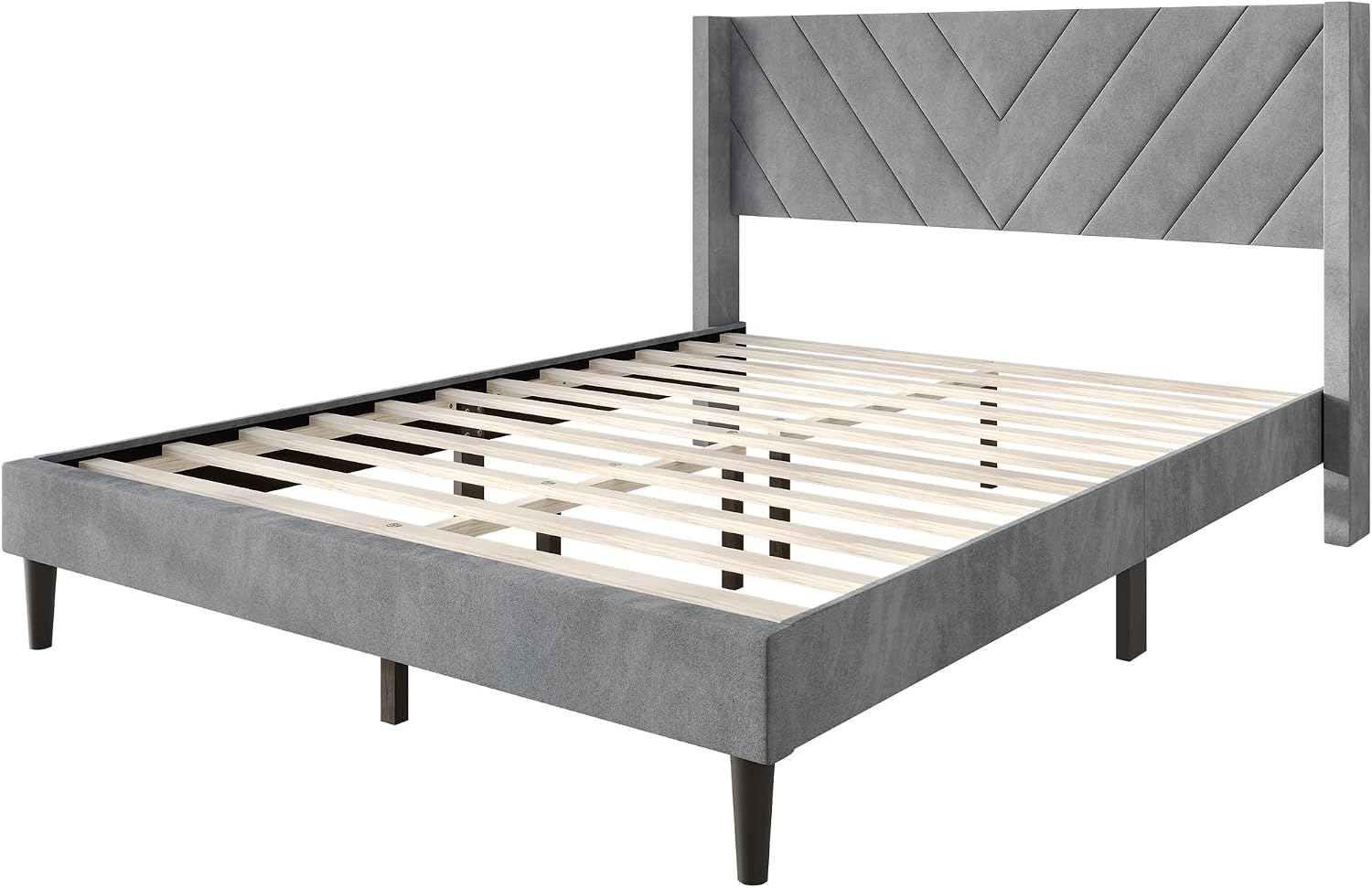 Queen Platform Bed Frame with Chevron-Stitched Wingback Headboard, Velvet Upholstery, No Box Spring Needed, Easy Assembly, Light Grey