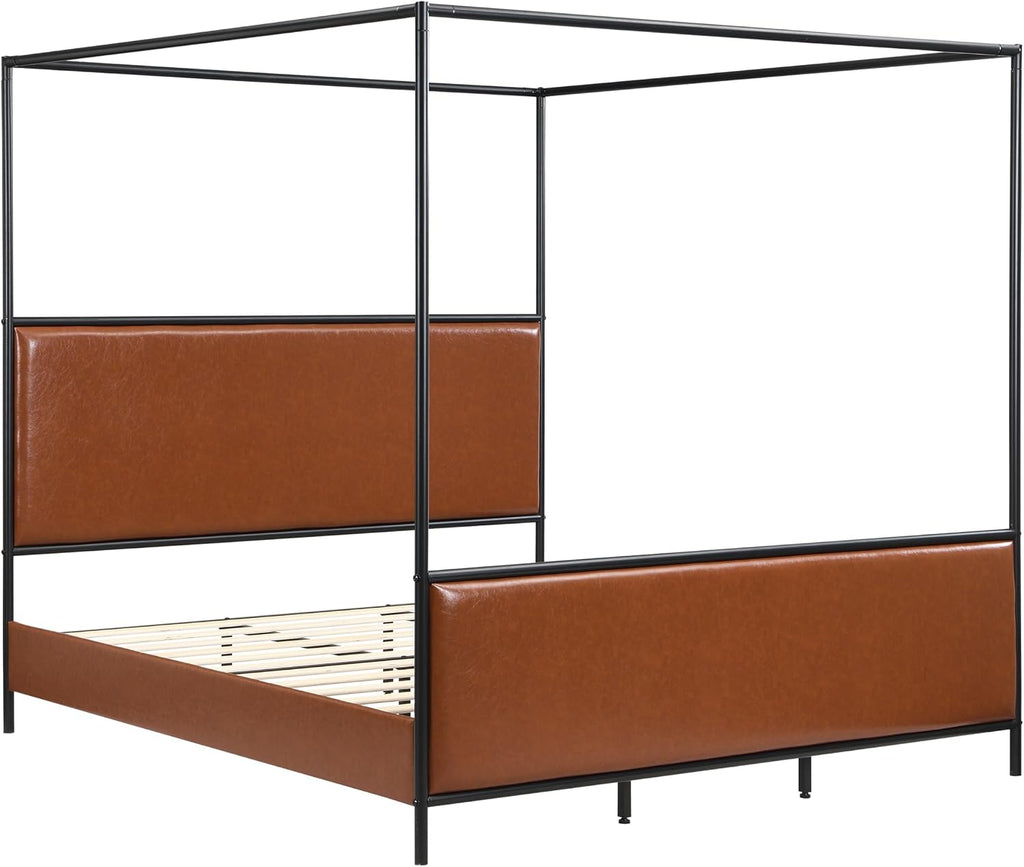 King Size Canopy Bed Frame with Tall Upholstered Headboard and Iron Legs, No Box Spring Needed (Brown+Black, King)