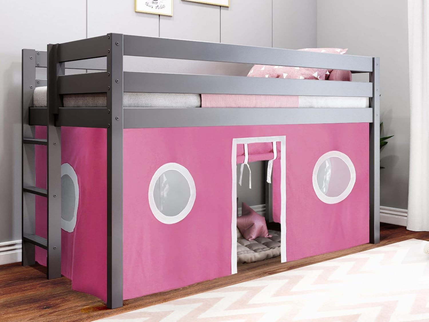 Jackpot! Contemporary Low Loft Twin Bed with End Ladder, Gray with Pink & White Tent