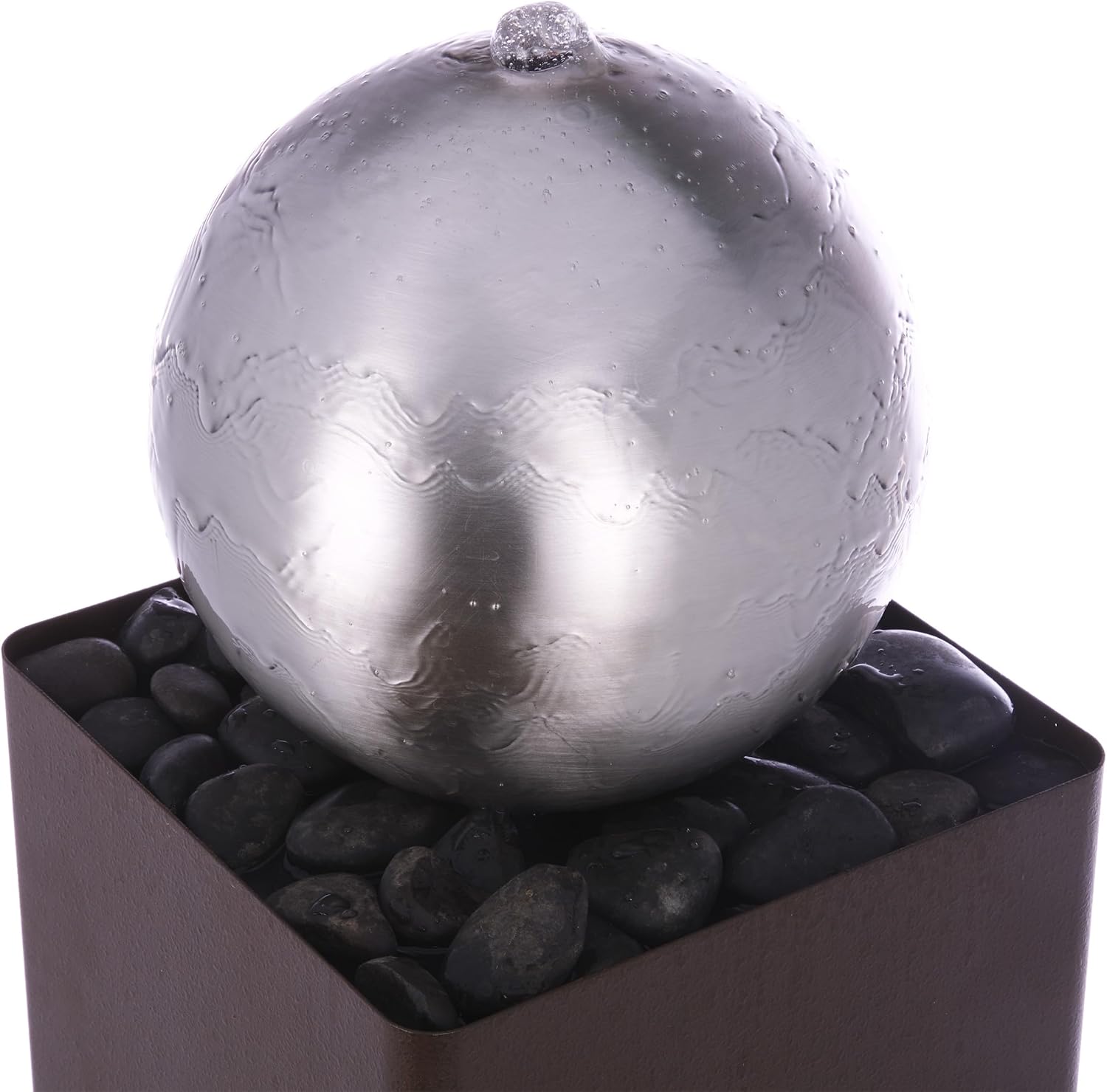 Alpine Corporation CPS188 Indoor Outdoor Modern Metal Orb Water Floor Fountain with River Rock Stone for Patio, Garden and Living Room, 37' H, Brown