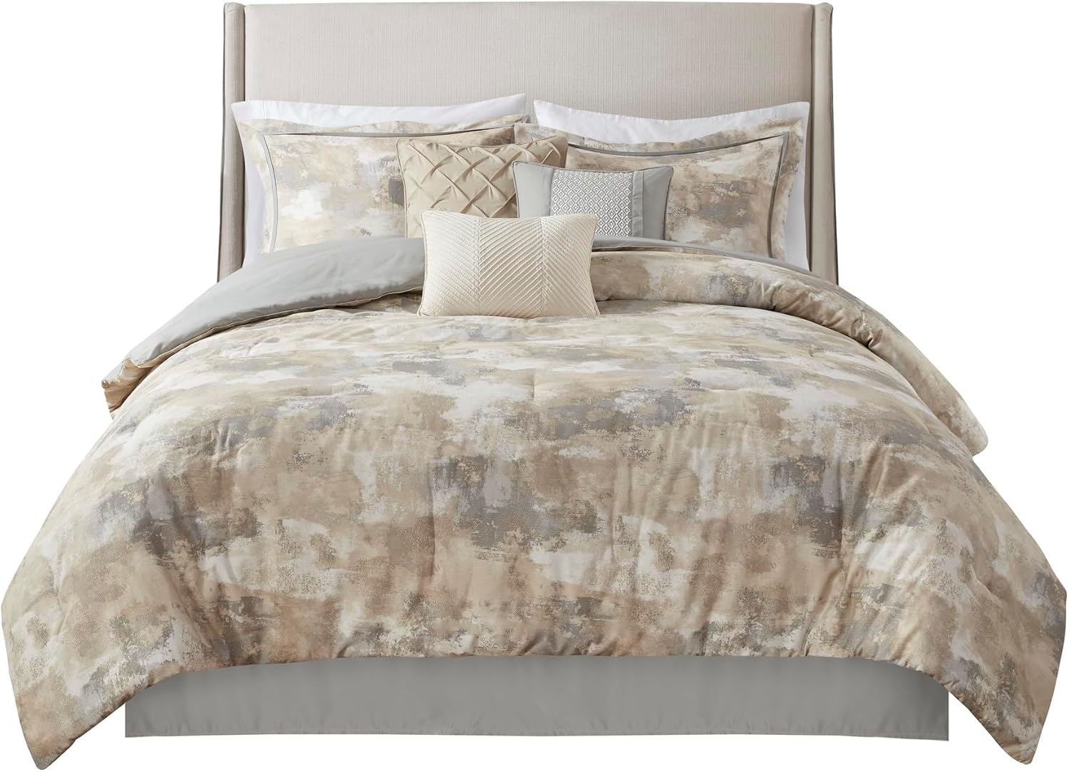 Madison Park Cal King Comforter Set, Abstract Print & Luxurious Texture, Fluffy Bedding Sets, Ultra Soft All Season Cotton Blend Cal King Bed Set, Bedskirt & Décor Pillows, Gray 7 Piece
