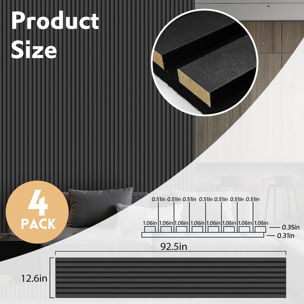 RITOLLO 4 Pack Wood Panels for Wall, 92.5'×12.6' Wood Slat Acoustic Panels for Wall, Soundproof Panels, 3D Fluted Panels for Interior Wall Decor (Black)