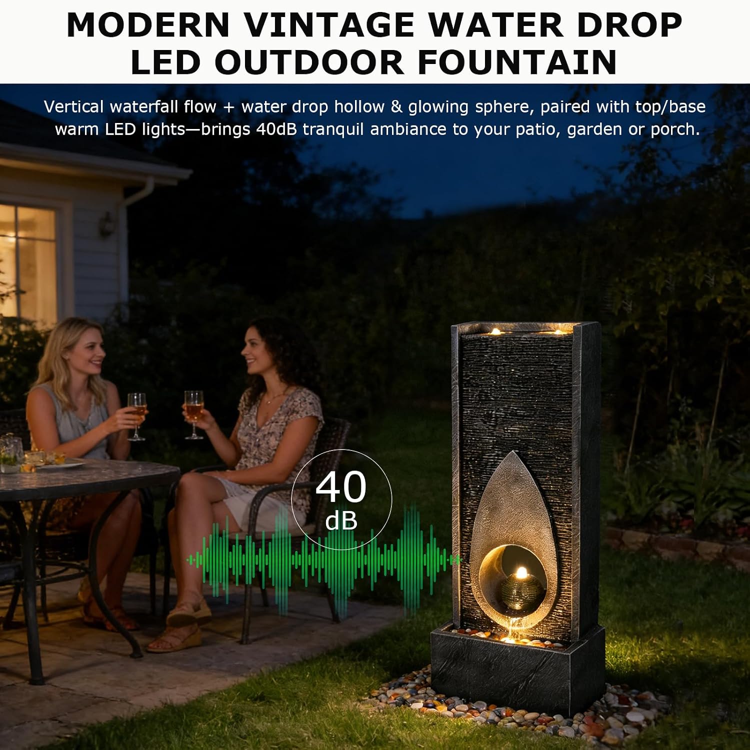 46.5''Tall Modern Water Fountain Indoor Outdoor Waterfall Feature Floor Standing with Sphere and LED Lights for Garden, Yard, Patio, Deck, Porch, Livingroom Decor