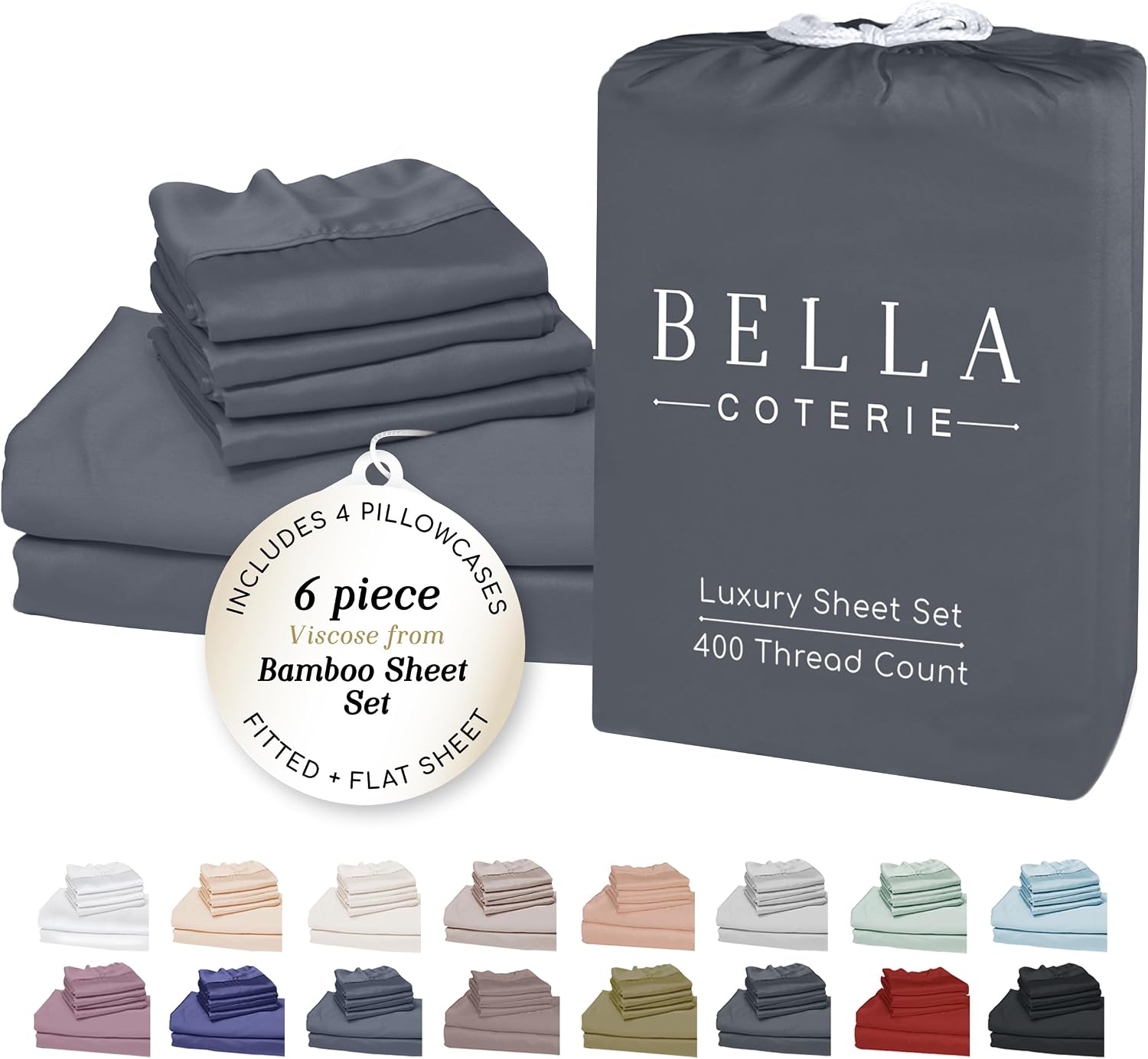 Bella Coterie 6 Piece Luxury Bamboo Viscose King Size Sheet Set | 100% Organically Grown | Cooling for Hot Sleepers | 18' Deep Pocket | Soft & Hypoallergenic | 4 Pillowcases [Charcoal Grey]