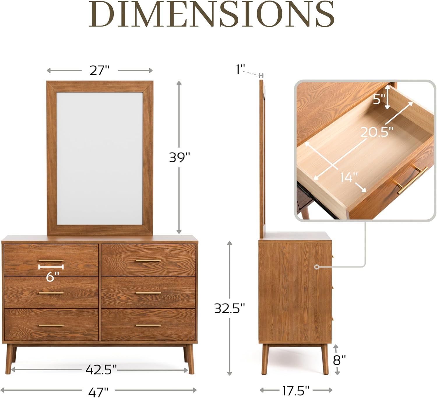 Furniture of America Wyatt Modern Solid Wood Bedroom Collection with Queen Bed Frame, Nightstands, Dresser with Mirror, Chest, No Box Spring Needed, Walnut, Standard Low Profile, 6-Piece Set