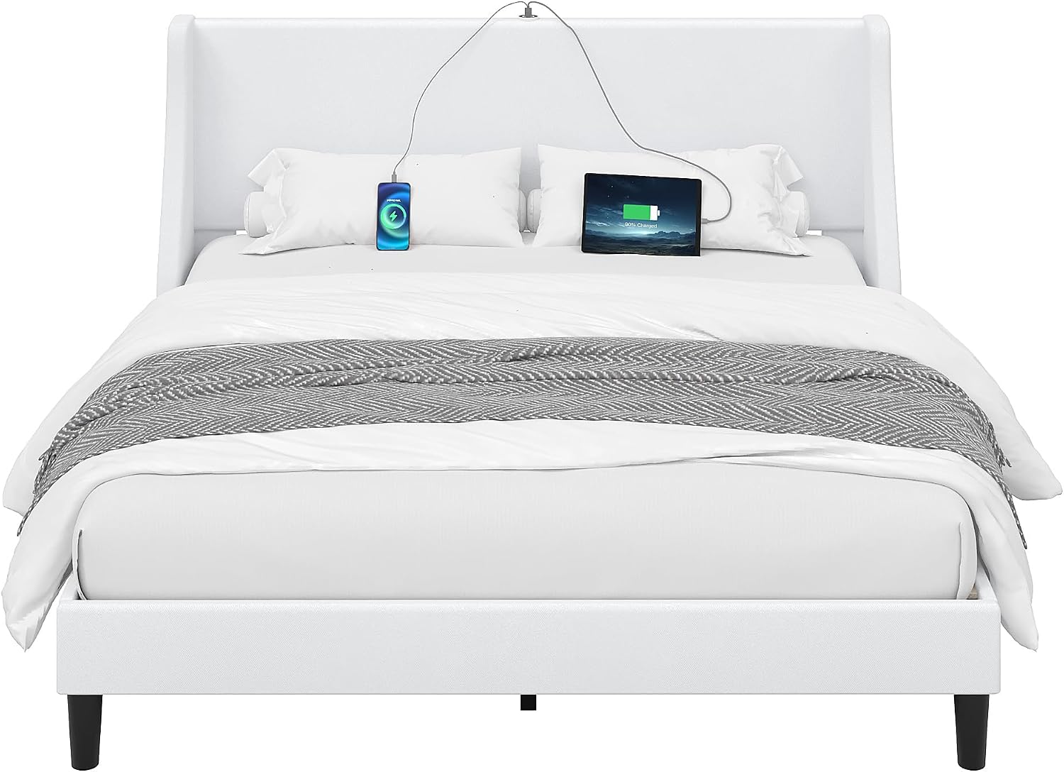 VECELO Full Bed Frame with Upholstered Wingback Headboard, Heavy-Duty Platform Bedframe with Charging Station & Side Pockets, No Box Spring Needed, White