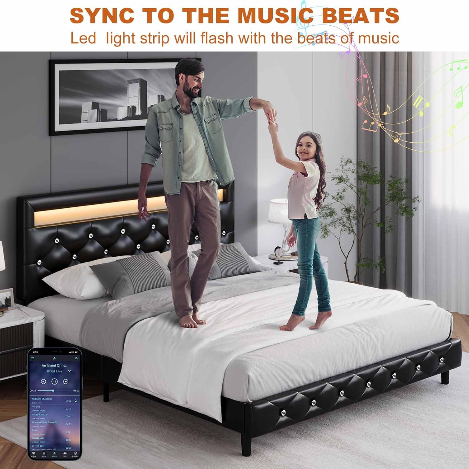 Keyluv Modern Upholstered Queen Bed Frame with LED Lights, Faux Leather Low Profile Platform Bed Frame, Adjustable Crystal Button Tufted Headboard, Strong Wood Slat Support, Easy Assembly, Black