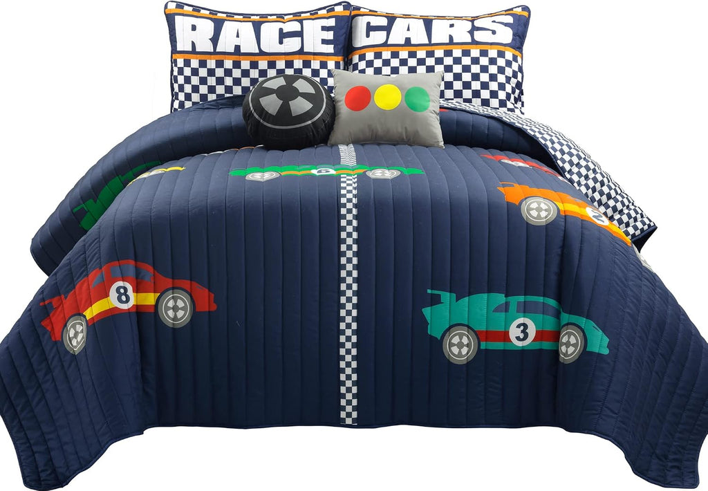 Lush Decor Racing Cars Reversible Quilt Queen Size 5 Piece Set Full/Queen Navy - Kids Bedding Set Queen Quilt - Car Decor
