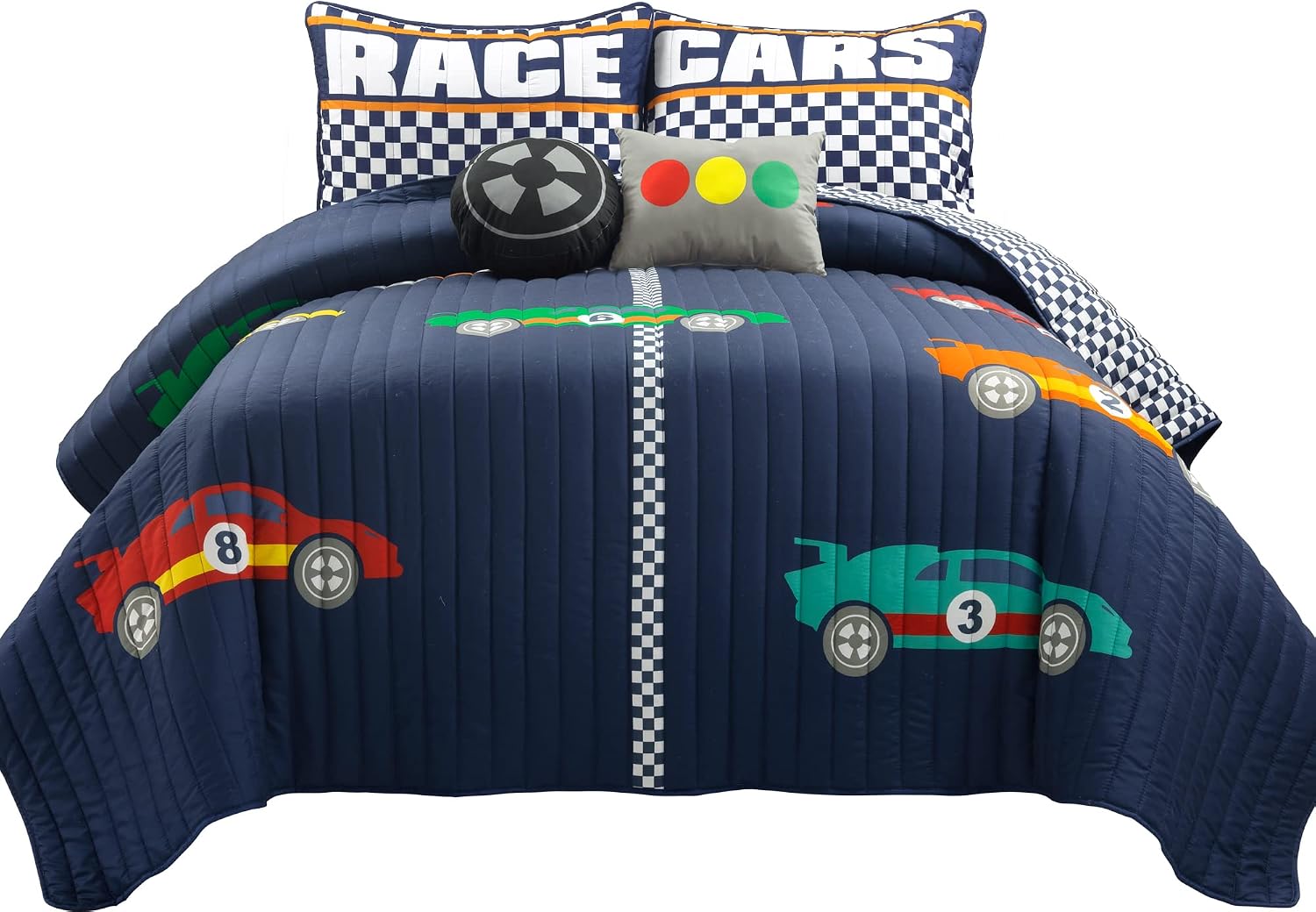 Lush Decor Racing Cars Reversible Quilt Queen Size 5 Piece Set Full/Queen Navy - Kids Bedding Set Queen Quilt - Car Decor