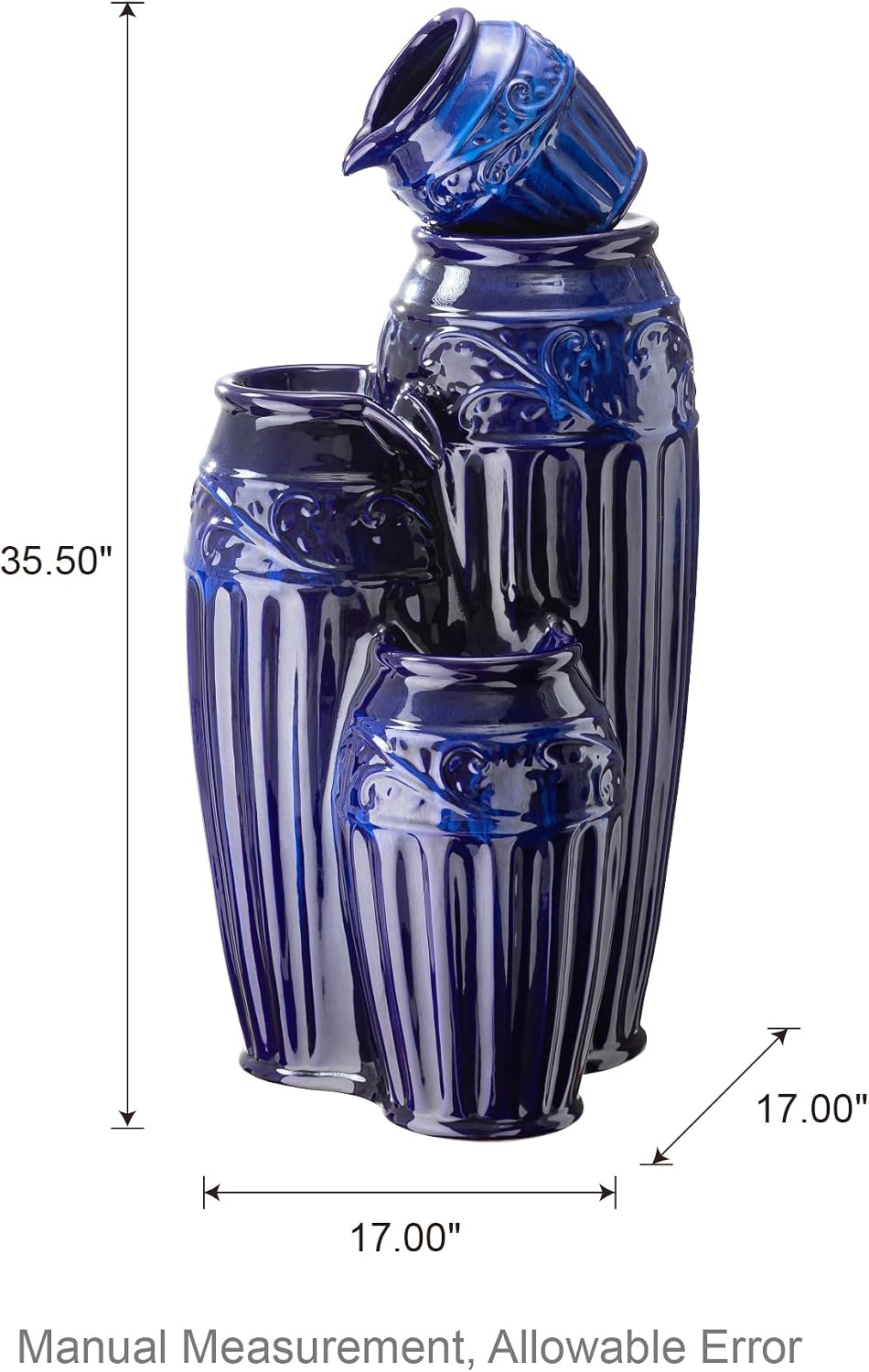 Glitzhome 35.5' H Oversized Outdoor Water Fountain with LED Lights and Pump, 4 Tier Cobalt Blue Embossed Pattern Ceramic Pots Cascading Floor Standing Fountain for Porch Deck Garden Patio Backyard