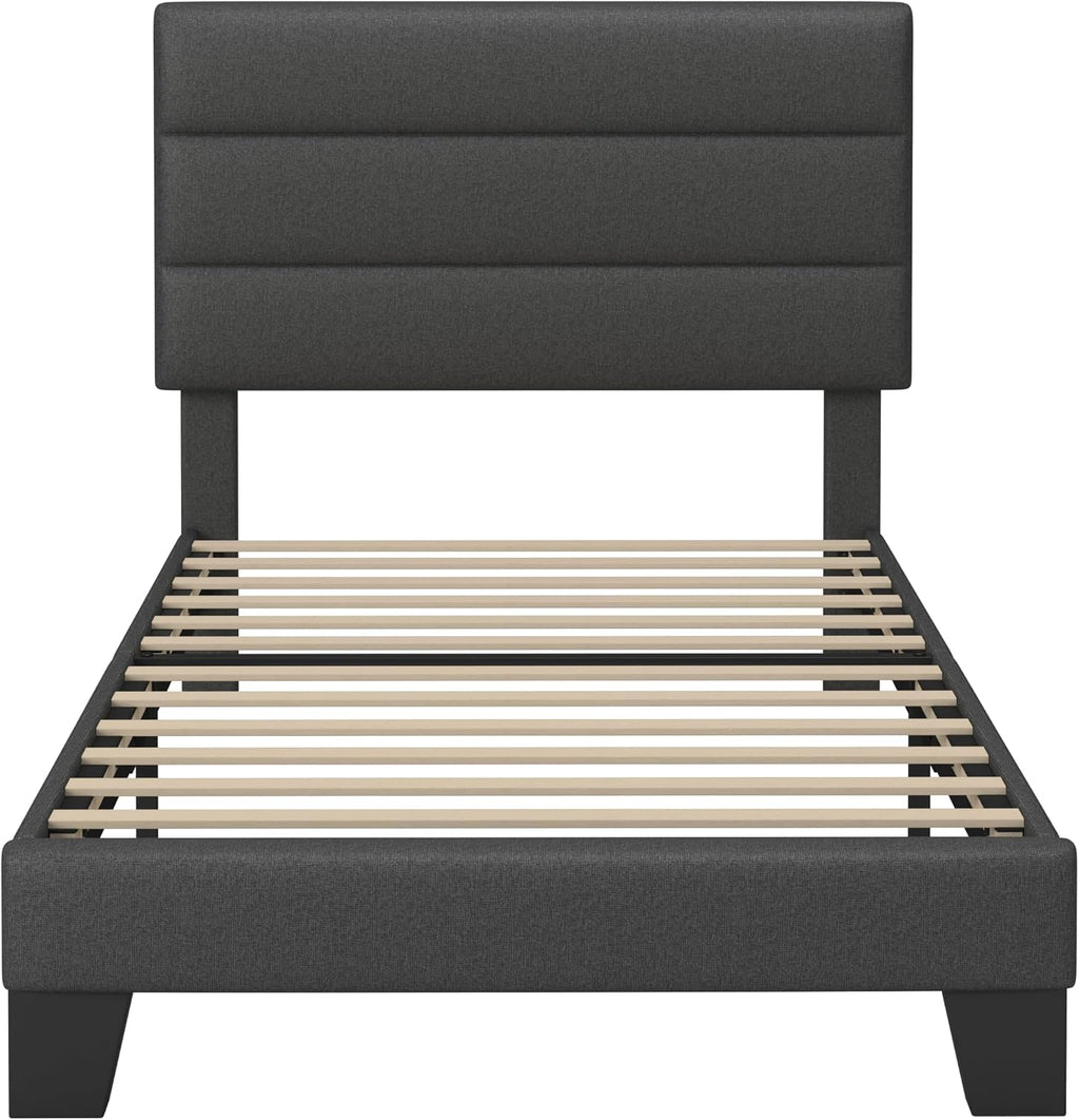 GOLDORO Twin Size Platform Bed Frame with Upholstered Headboard, Wooden Slats Support, No Box Spring Needed, Easy Assembly, Dark Grey