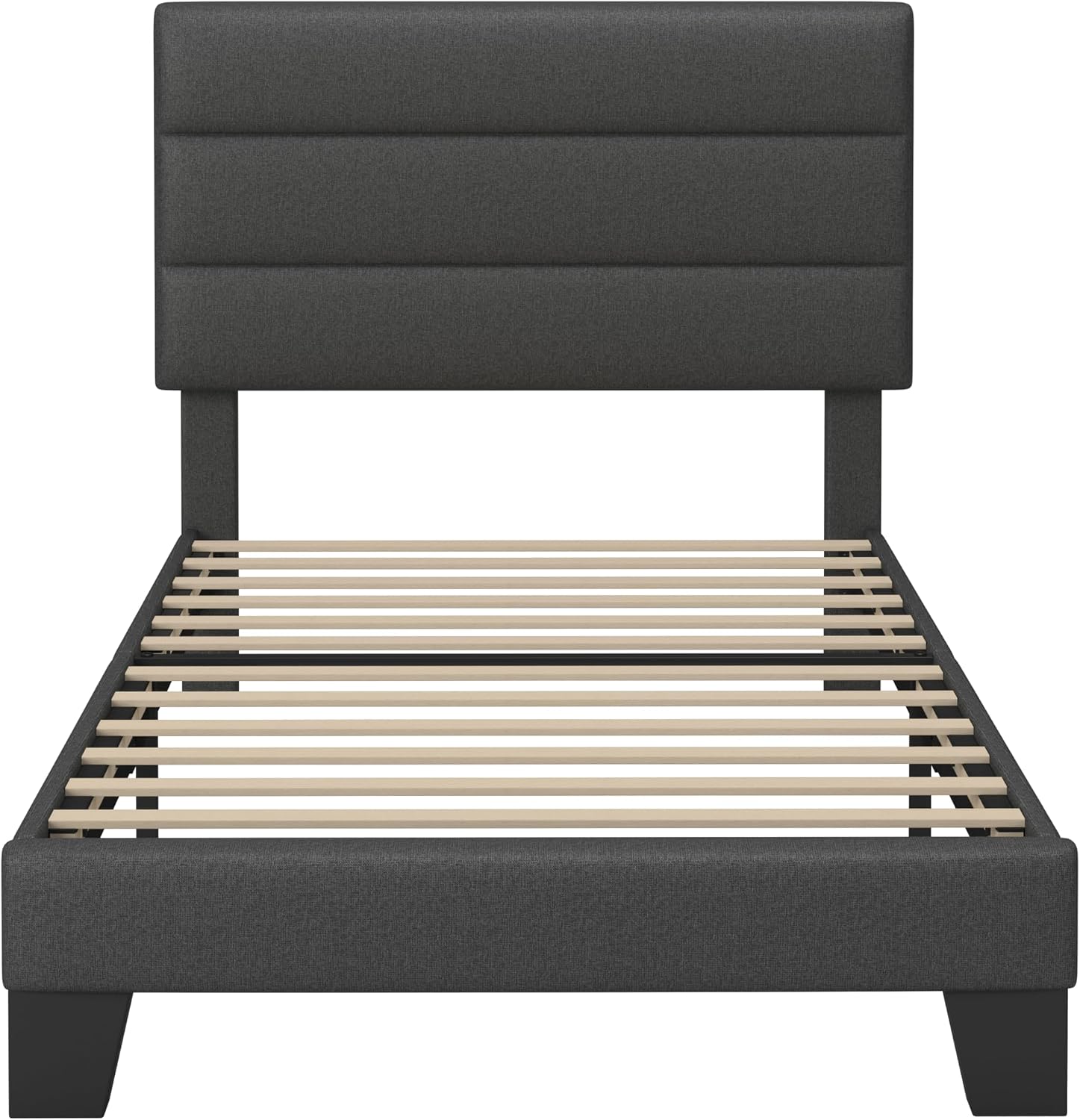 GOLDORO Twin Size Platform Bed Frame with Upholstered Headboard, Wooden Slats Support, No Box Spring Needed, Easy Assembly, Dark Grey