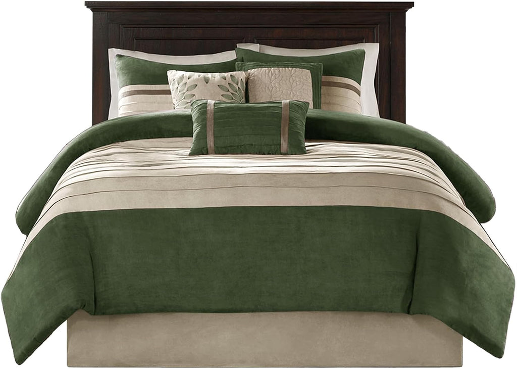 Madison Park Cozy Comforter Set-Luxury Faux Suede Design, Striped Accent, All Season Down Alternative Bedding, Matching Shams, Decorative Pillow, Green, California King (104 in x 92 in)
