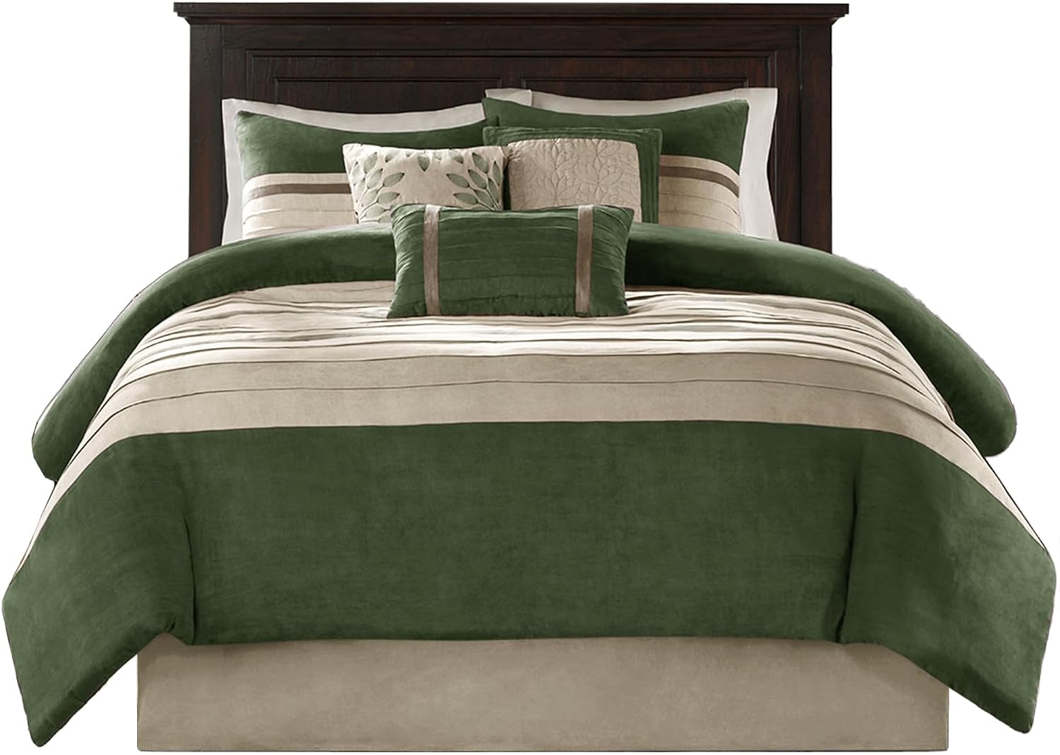 Madison Park Cozy Comforter Set-Luxury Faux Suede Design, Striped Accent, All Season Down Alternative Bedding, Matching Shams, Decorative Pillow, Green, California King (104 in x 92 in)
