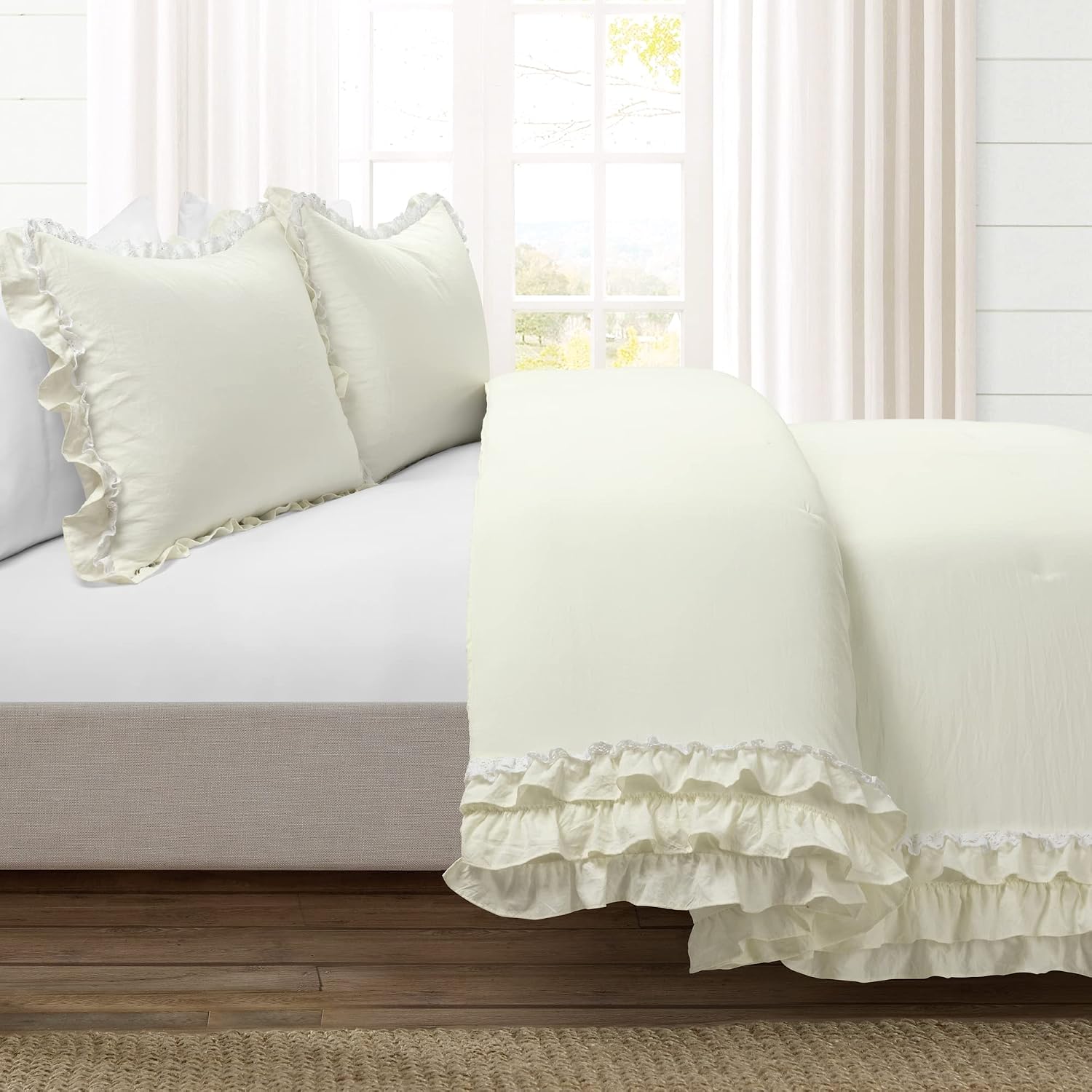 Lush Decor Ella Parisian Vintage Chic Ruffle Lace 3 Piece Comforter Set, King, Ivory