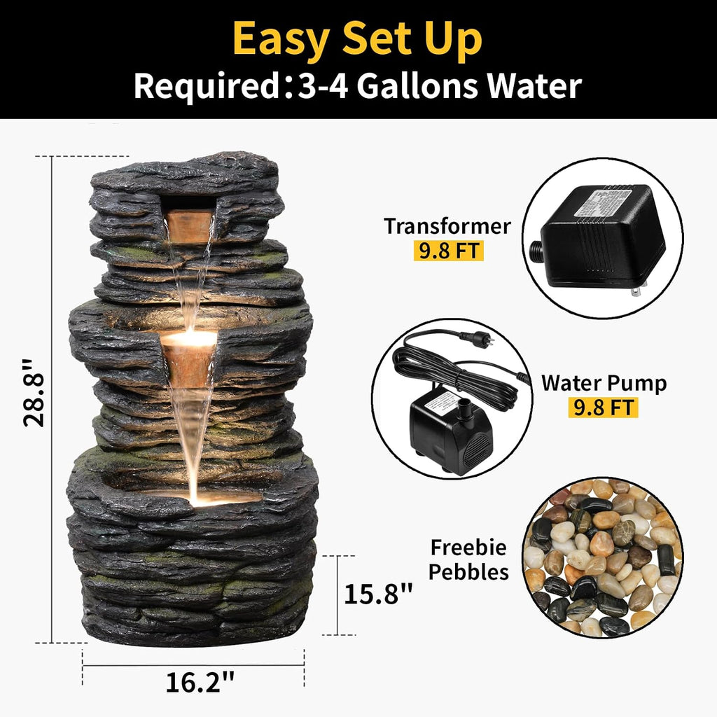 3 Tier Cascading Rock Water Fountain Outdoor Garden,28.74' H Natural Look Outdoor Fountains and Waterfalls with LED Lights for Patio, Deck, Porch, Backyard, Outside and Indoor Home Decor