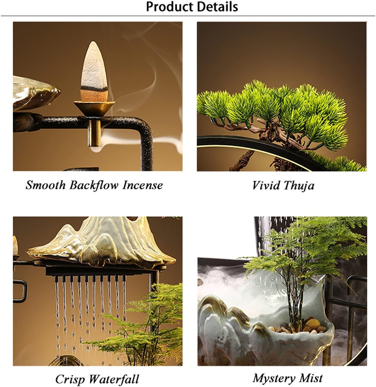 Ceramic Buddha Water Fountains Indoor Waterfall with LED 2 Buddhas Mist Water Fountain with Backflow Incense Holder for Feng Shui Strees Relief Wealth-Booming Japanese Decor