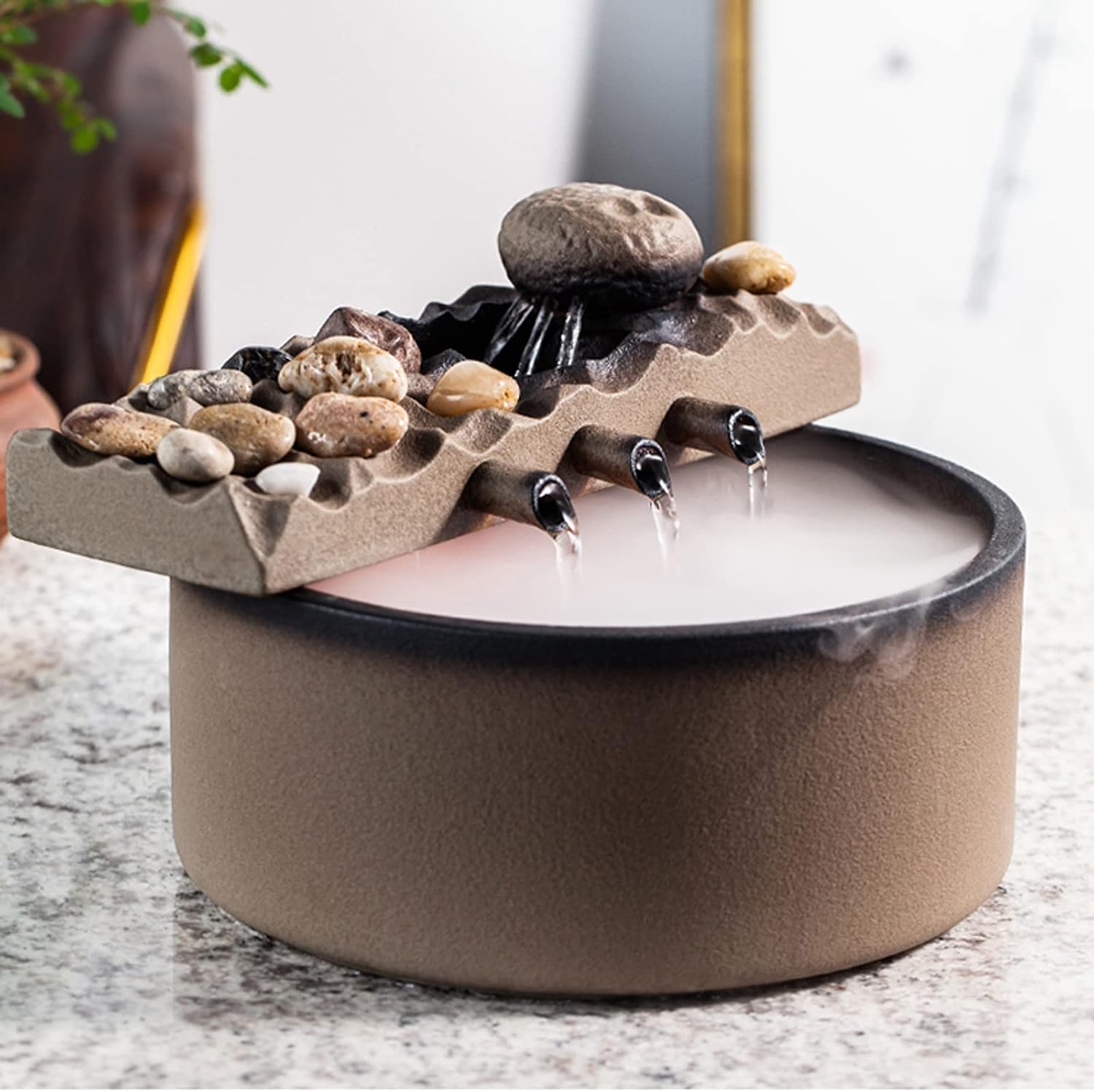 WAOCEO Tabletop Fountain Tabletop Fountain Waterfall Fountain Office Ceramic Tabletop Fountains for Home Office Decor Includes Water Mist Machine and Pump Water Fountain