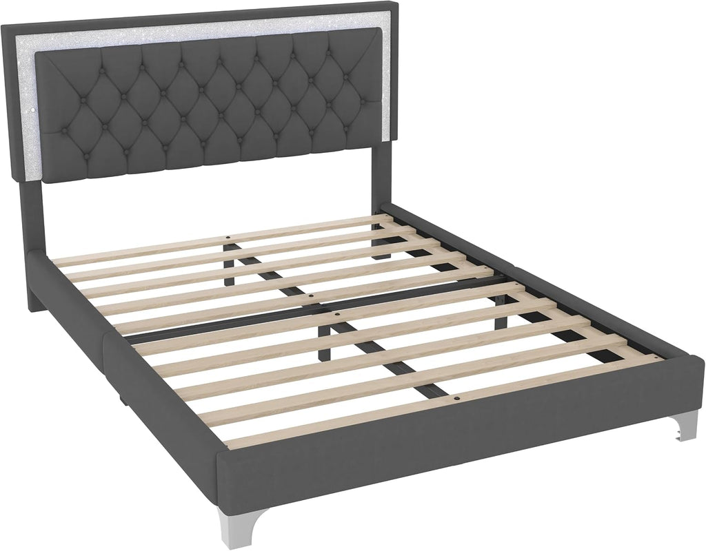 Flieks Queen Size Upholstered Bed Frame with LED Lights,Modern Velvet Platform Bed with Crystal Tufted Headboard,Gray