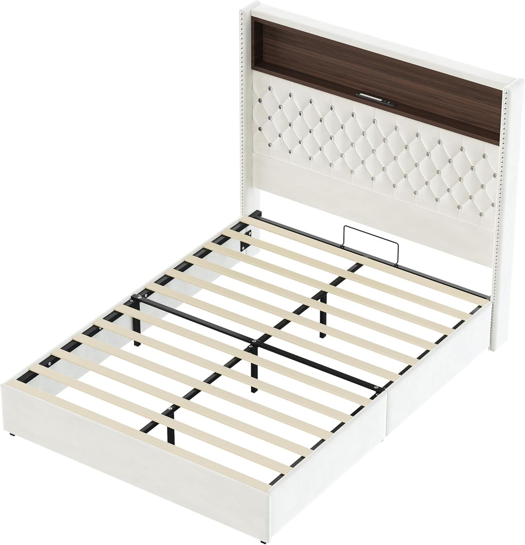 JIVOIT Full Size Bed Frame with Storage, Velvet Tufted Soft Bed Frame with 52'' High Headboard with Rivet Decoration, Wing-Back Platform Bed with Headboard Shelf, No Box Spring Needed (Beige,Full,42)