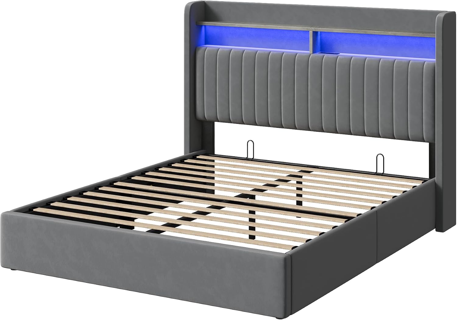 SHA CERLIN Full Size Lift Up Storage Bed Frame/LED Lights/Charging Station/2-Tier Shelves Headboard/USB,Type-C Ports/Velvet Upholstered/Hydraulic Support/No Box Spring Needed/Noise Free/Gray