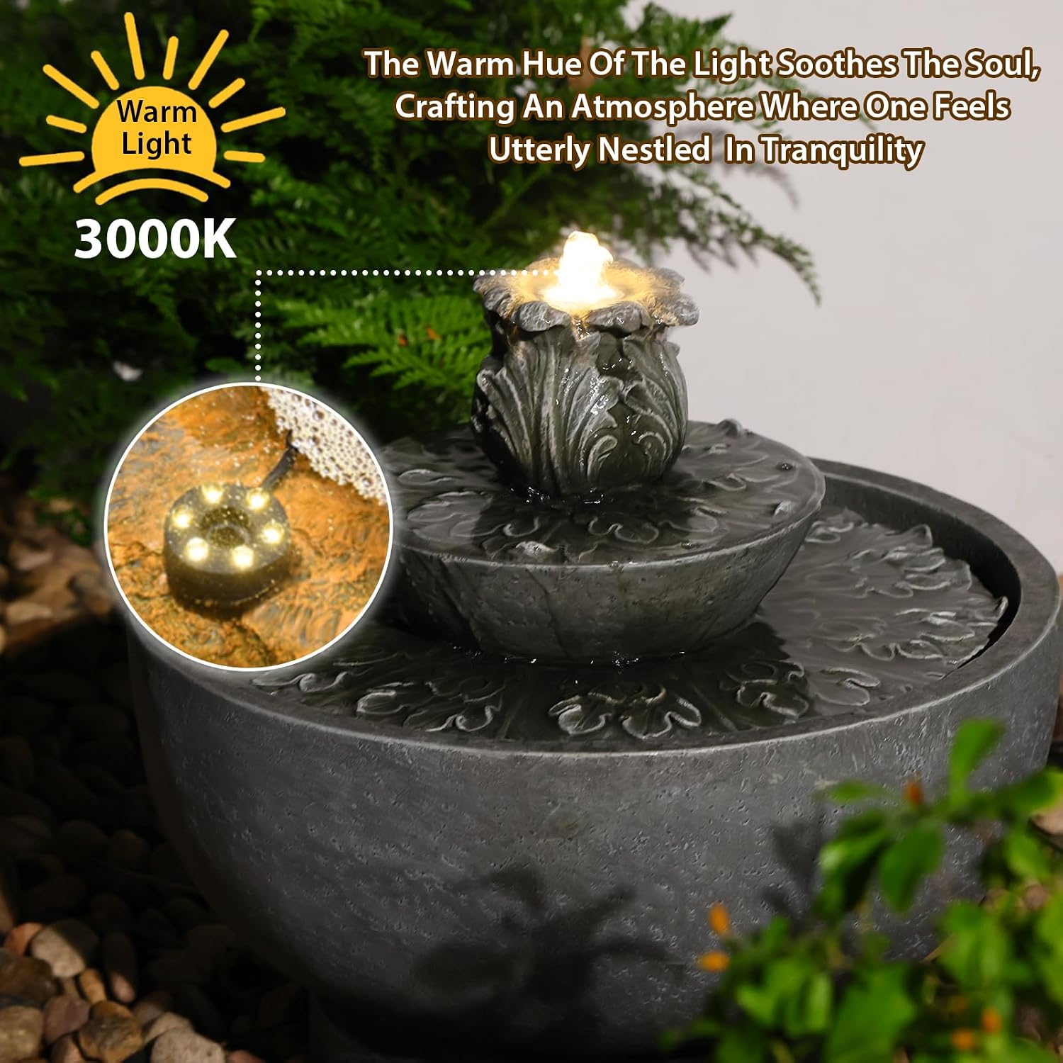 Sunlinua Small Modern Outdoor Water Fountain with Led Lights 3-Tiers Cascading Waterfall Feature with Quiet Pump Floor Water Fountain for Patio Garden Backyard Decking Home and Indoor Décor Gray