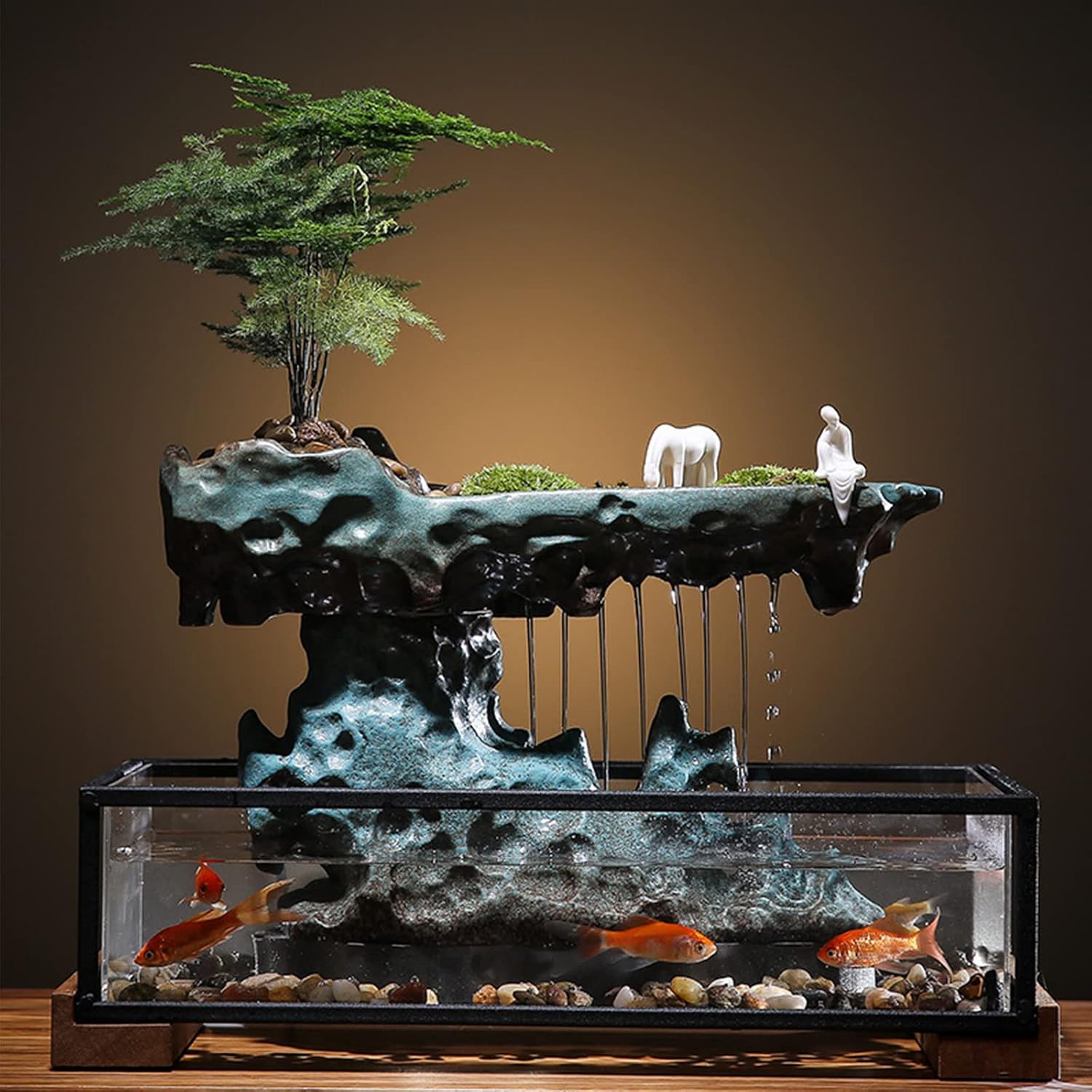 Desktop Rockery Waterfall Fountain with Rockery, Aquariums and Stones for Living Room Office Decorate, Ceramic (Tank Size: 16L x 8W x 4H Inch)