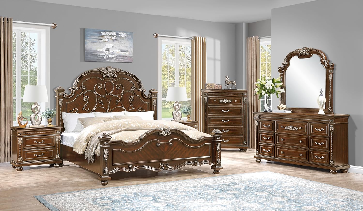 First of a Kind Nightstand Traditional Wood Bedside Table Cherry Oak Finish Classic European Design Bedroom Nightstand Elegant Coordinated Furniture Piece for Traditional Interiors