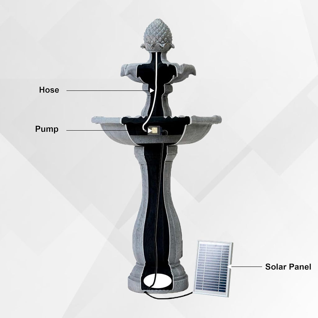 XBrand 44' Solar Powered 2-Tier Outdoor Water Fountain, Fiberglass Resin Fountain with Solar Panel and Auto Shut-Off Pump, Black