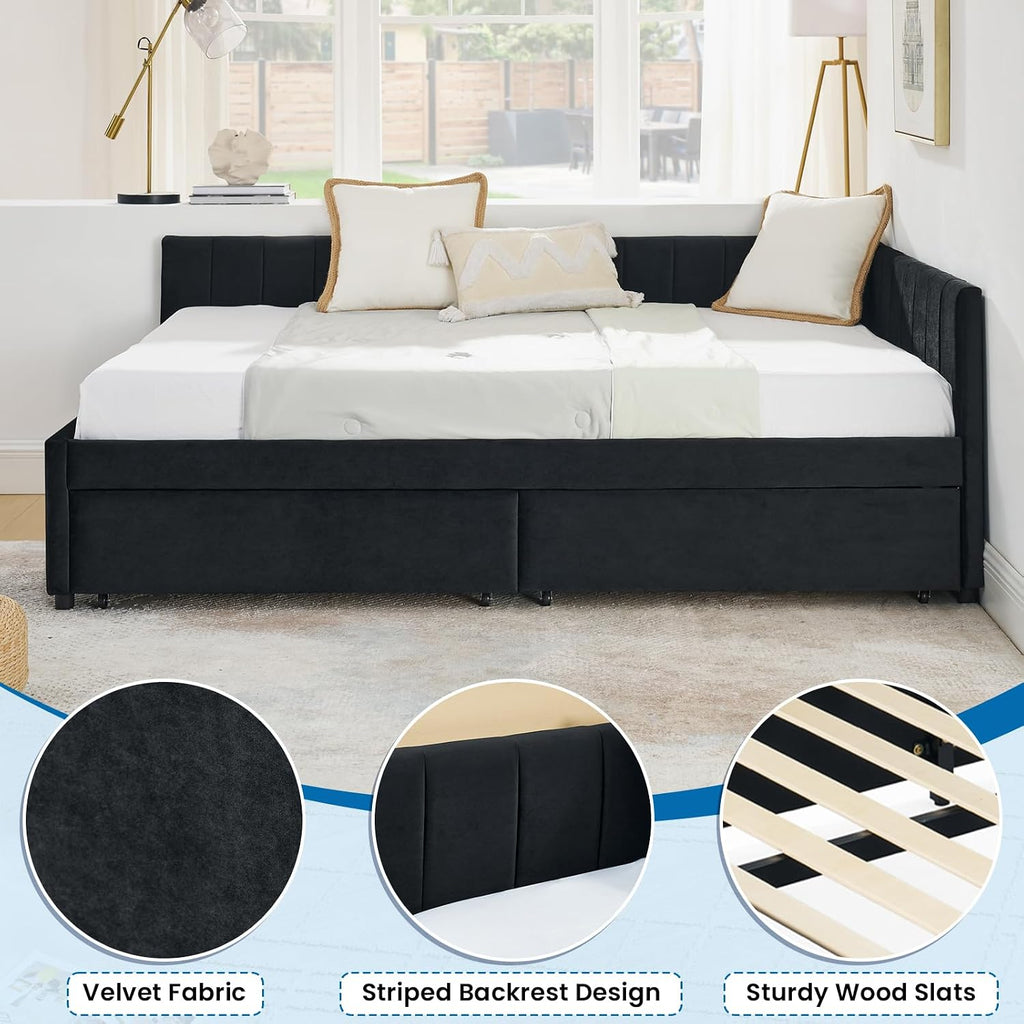 Daybed with Storage Drawers,Full Size Daybed with Stripes,Velvet L-Shaped Corner Bed Frame,Wood Day Bed Frame,Upholstered Sofa Bed for Living Room/Bedroom/Guest Room,No Box Spring Needed,Black