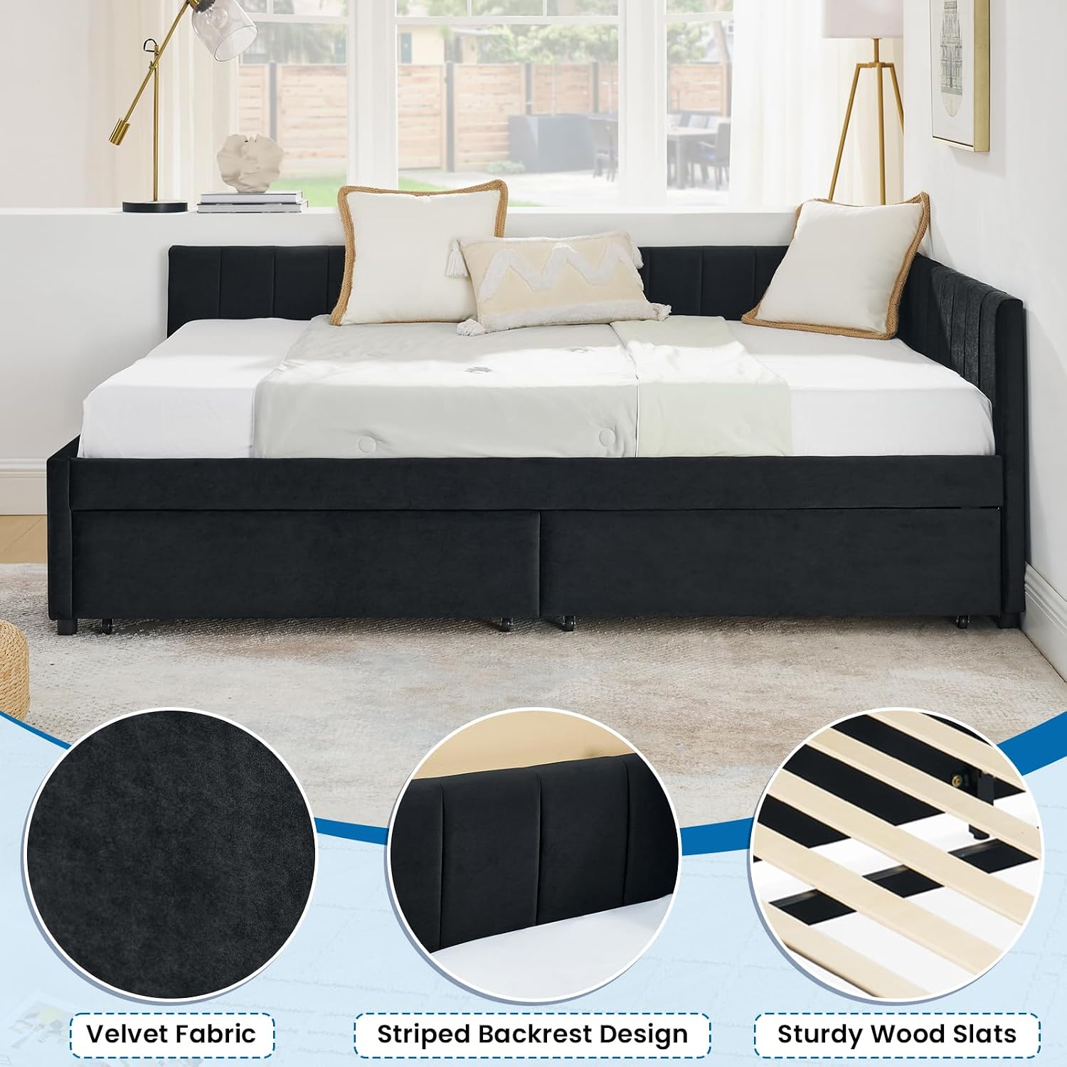 Daybed with Storage Drawers,Full Size Daybed with Stripes,Velvet L-Shaped Corner Bed Frame,Wood Day Bed Frame,Upholstered Sofa Bed for Living Room/Bedroom/Guest Room,No Box Spring Needed,Black