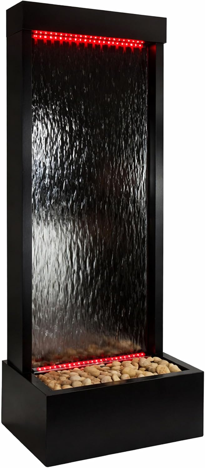 Alpine Corporation MLT174S‑MC Waterfall Fountain – Plug in Indoor Fountain with Black‑Framed Glass, Cascading Water, Floor Feature & Multi‑Color LED Lights, 48'