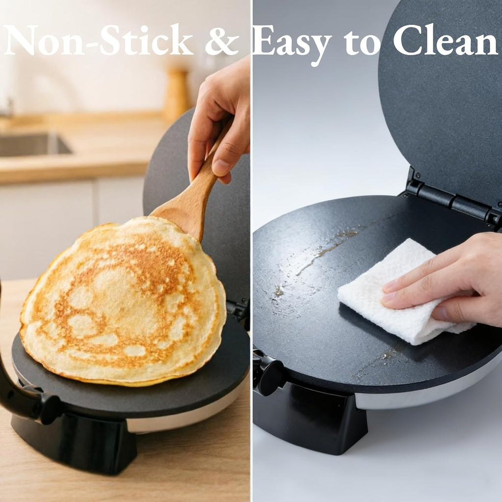 Mumusuki 10in Electric Tortilla Maker, Knob Temperature Control Non Stick Roti Maker with Stainless Steel Cover for Home Shop Restaurant 110V US Plug