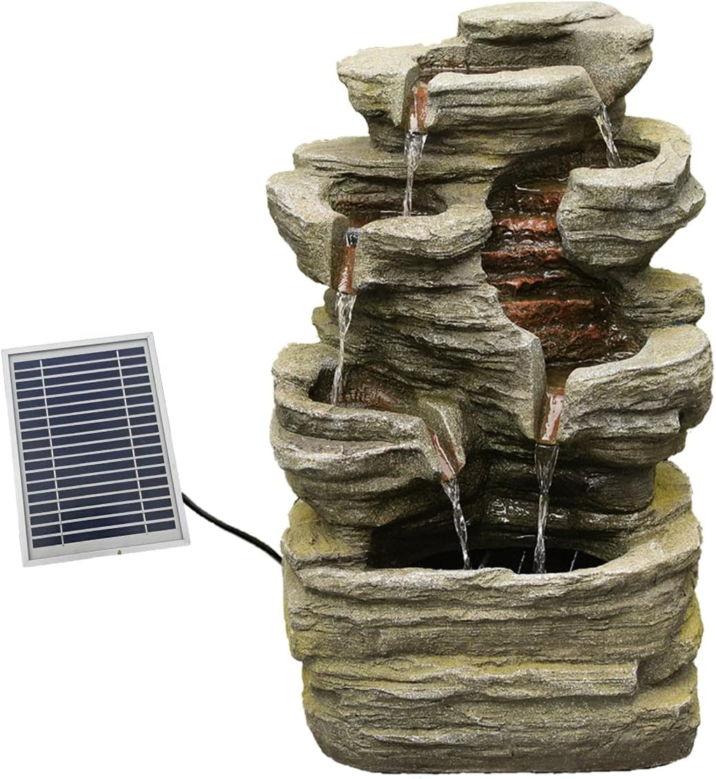 6-Tier Solar Water Fountain Outdoor, 24.4' H Cascading Rock Feature Garden Fountains and Waterfalls with Light, Pump, Solar Panel for The Patio, Deck, Porch, Backyard Home Décor, Stone Gray