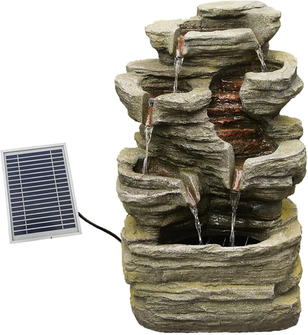 6-Tier Solar Water Fountain Outdoor, 24.4' H Cascading Rock Feature Garden Fountains and Waterfalls with Light, Pump, Solar Panel for The Patio, Deck, Porch, Backyard Home Décor, Stone Gray