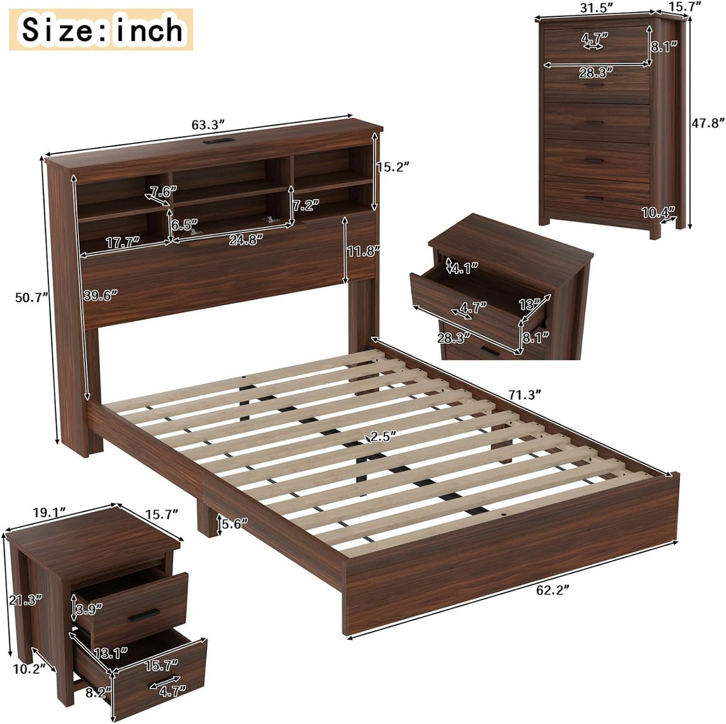 4 Piece Bedroom Sets of 4, Queen Size Platform Bed with USB Storage Headboard, 1 Cabinet of 5 Drawers and 2 Nightstands of 2 Drawers, Space Saving for Kids Boys Adults, Walnut
