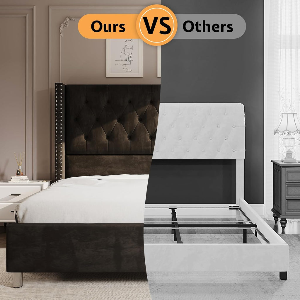 PaPaJet Upholstered Queen Bed Frame with Tall Headboard, Wingback Platform Bed, Low Profile Velvet Tufted Button, No Box Spring Needed, Easy Assembly, Black