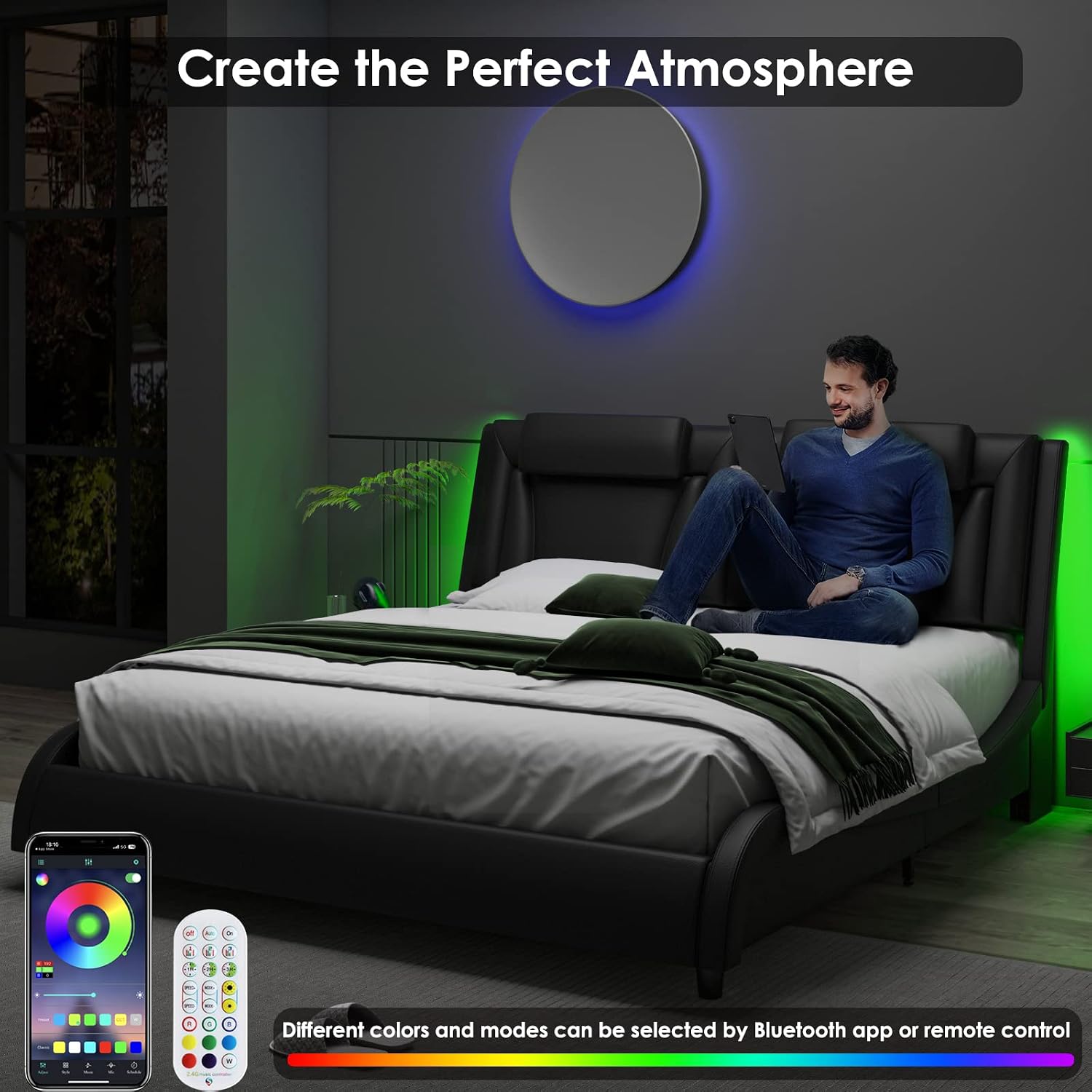 Keyluv Queen Size LED Bed Frame with Adjustable Headboard & Removable Pillow, PU Leather Upholstered Platform Bed, Wave-Like Curve Safety Design, Solid Wooden Slats Support, Easy Assembly, Black