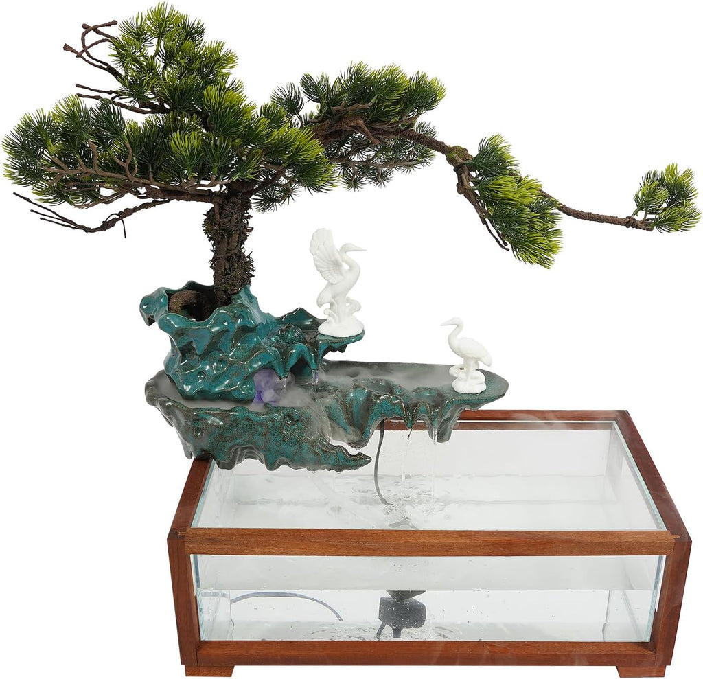 Desktop Waterfall Fountain with Fish Tank, Ceramic Statues, Rockery Bonsai Humidifier with LED Light, Indoor Tabletop Fountains, Aquariums, Plant for Home Office Desk Decor (Style 1)