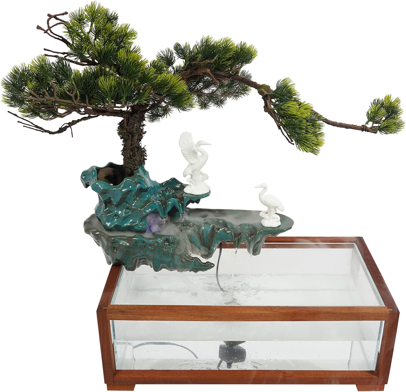Desktop Waterfall Fountain with Fish Tank, Ceramic Statues, Rockery Bonsai Humidifier with LED Light, Indoor Tabletop Fountains, Aquariums, Plant for Home Office Desk Decor (Style 1)