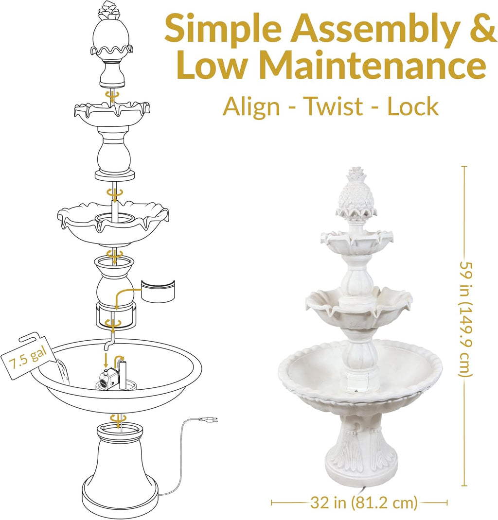 Sunnydaze 57' H Welcome 3-Tier Water Fountain - Large Electric Water Fountain with Pineapple Topper for Garden, Patio or Yard - White