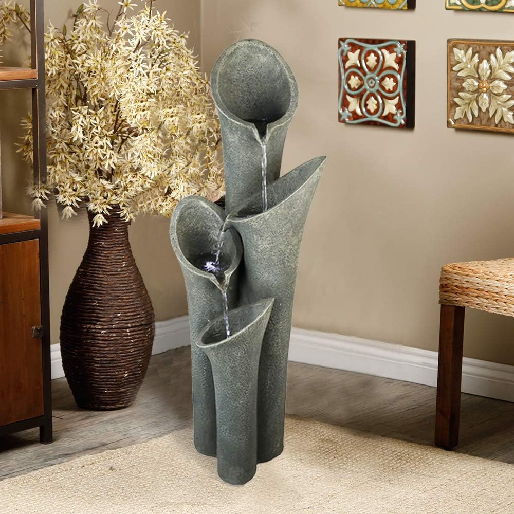 Faux Stone Patio Water Fountain 33 1/2', Bell 4-Tier Cascading Floor Fountain Indoor Outdoor Waterfall Feature with LED Lights for Home Garden Decor