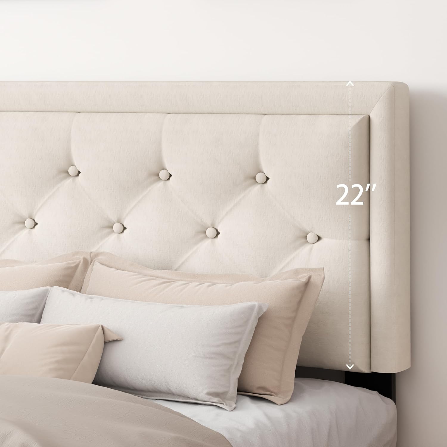 CXVX Queen Size Platform Bed Frame with Upholstered Velvet Button Tufted Headboard, Mattress Foundation with Wooden Slat Support, No Box Spring Needed, Easy Assembly, Noise Free, Beige