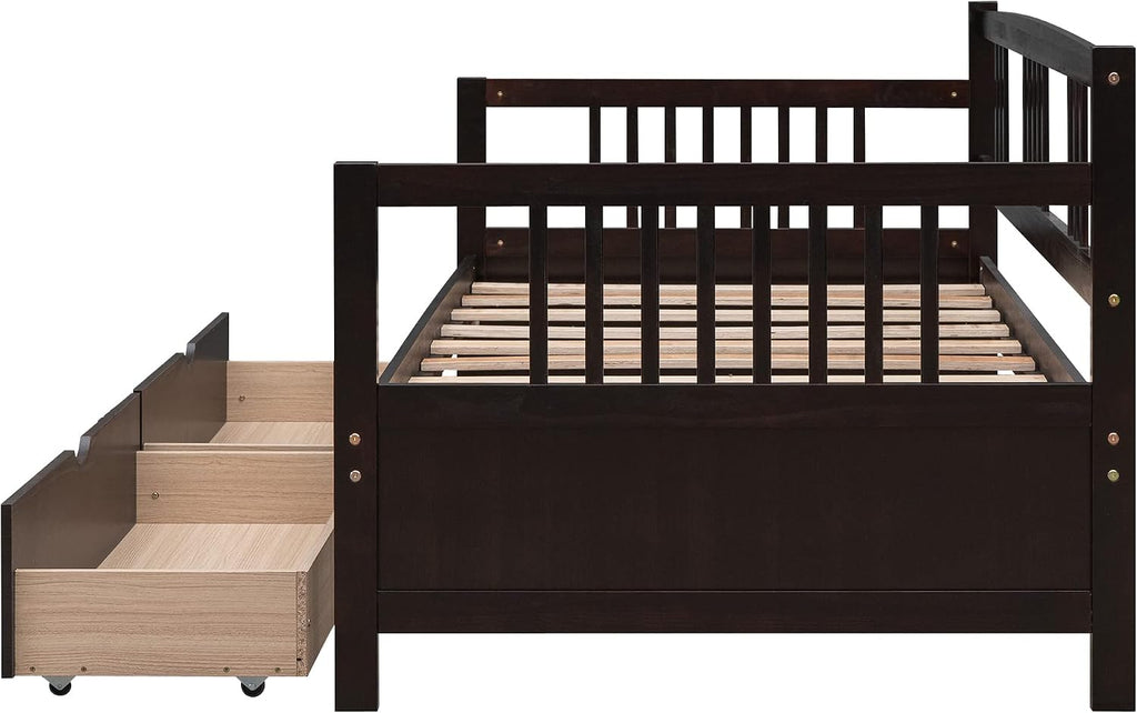 Merax Daybed Bed Wooden Slats Support Modern Living Daybed with Rails (Twin with Drawers, Espresso)