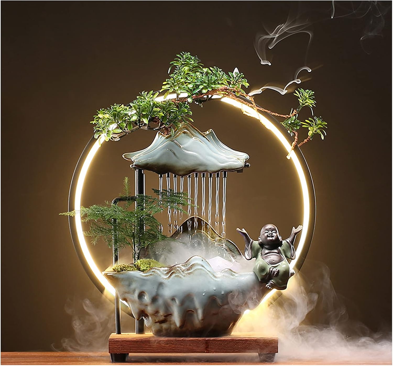 Tabletop Buddha Water Fountains Indoor Water Fall with LED Light Zen Decor for Meditation with Mist Japanese Decor with Fake Plants Feng Shui Decoration for Good Luck Wealth