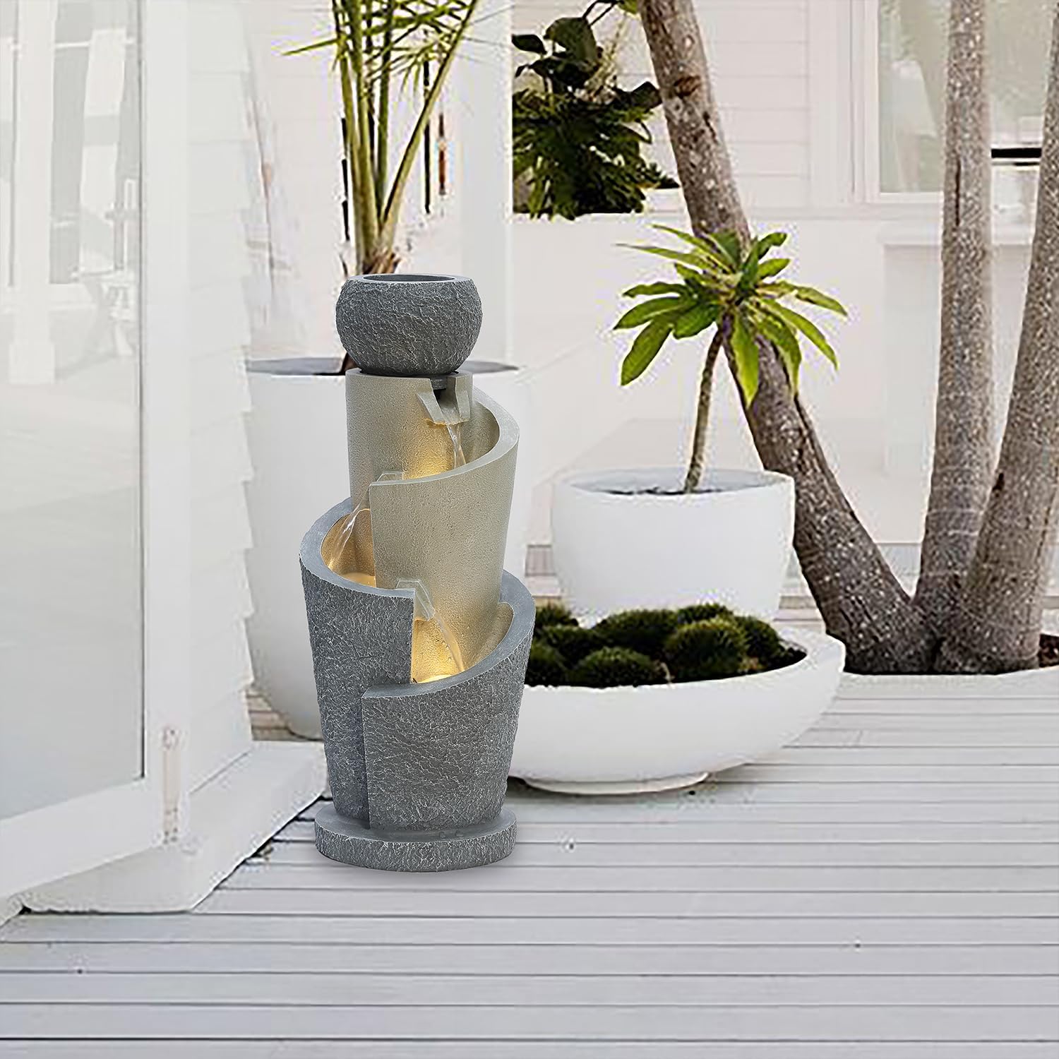 LuxenHome Outdoor Water Fountain, 27 Inch Resin Cascading Water Fountains Indoor with LED Lights, Modern Garden Decor, Small Waterfall Fountain, Outdoor Fountains and Waterfalls